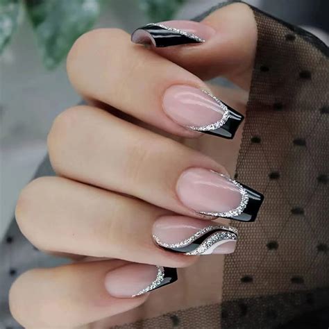 black and silver french nails